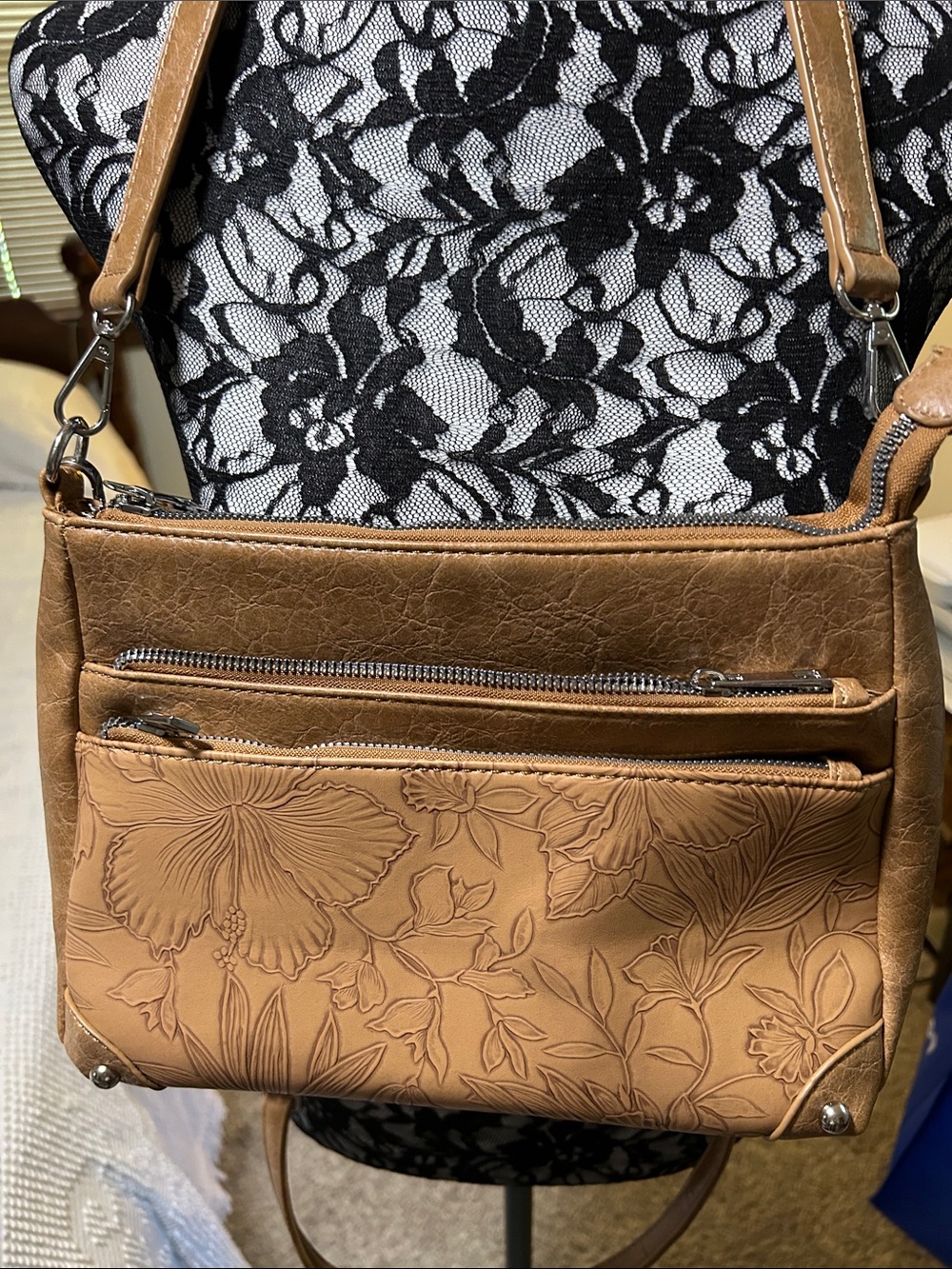 Alyssa Tan Floral Embossed Crossbody Shoulder Bag - Vegan Leather